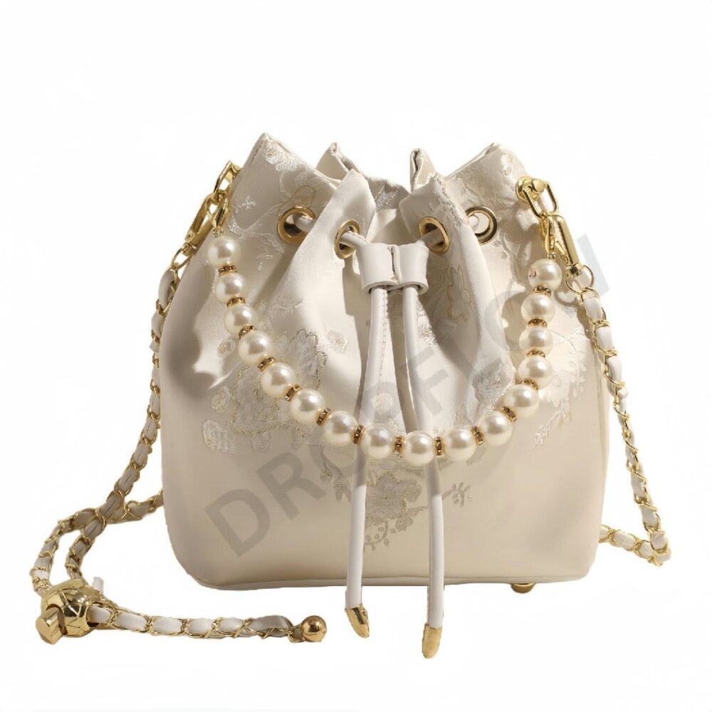 Small Pearl Drawstring Bucket Bag Hobo Purse Elegant Chic Convertible Crossbody
